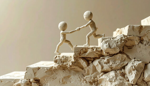 Clay figure helping hand support teamwork assistance staircase sculpture guidance trust friendship conceptual clay figure helping hand scene rough staircase of broken rock symbolizing support
