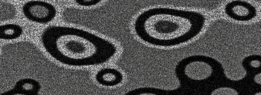 Noisy psychedelic background, grainy black and white abstract circles, grunge texture poster header cover wallpaper banner design