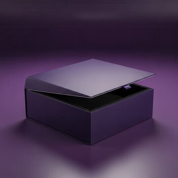 Glossy purple packaging container stands slightly open against a softly lit background