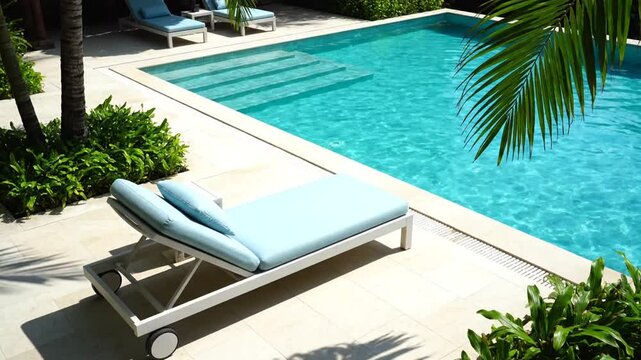 Luxury poolside lounge chair with palm trees and turquoise water, tropical resort relaxation