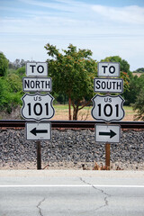 TO NORTH  US 101 - TO SOUTH US 101 direction signs to the freeway in Californi