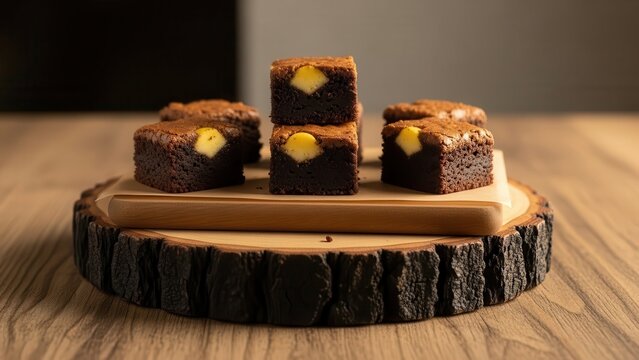 Delicious chocolate fudge brownies with white chocolate chips stacked on a rustic wooden serving board on a wooden table, closeup food photography