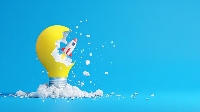 Rocket Launching from a Light Bulb, Creative Illustration, Bright Blue Background, Futuristic Concept