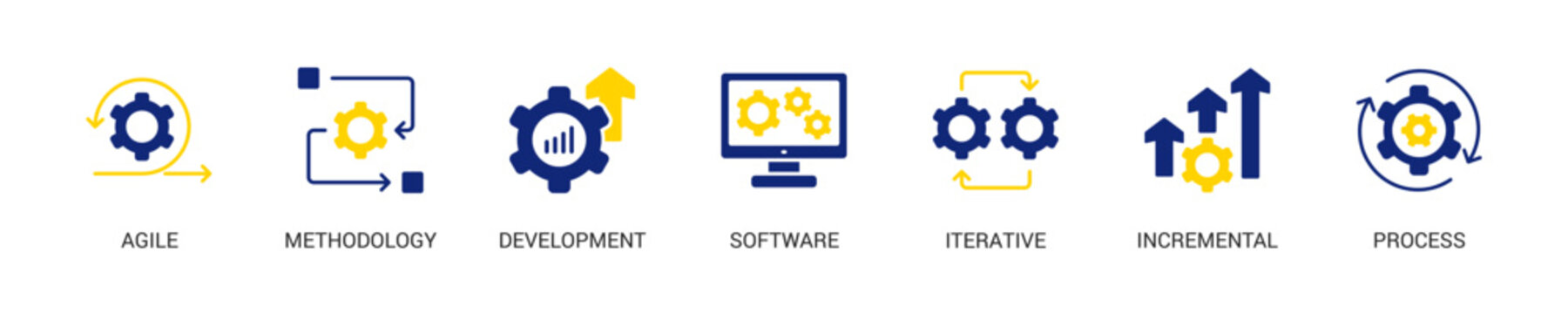 Scrum Development Solid Blue Yellow Color Icon Set For Web Banner. Vector Illustration Concept With Some Icons. Designed In Line Color Style