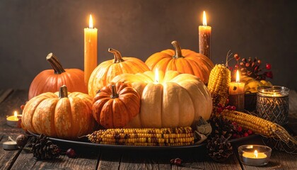 Obraz premium A warm and inviting autumnal arrangement of pumpkins, Indian corn, and glowing candles on a rustic wooden surface.