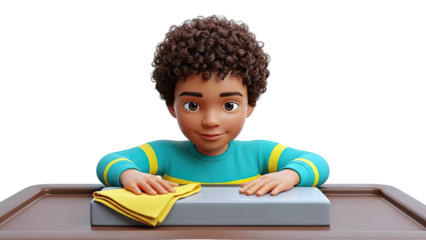 Animated boy cleaning a surface with a yellow cloth