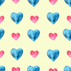 Seamless children's pattern. A pattern of blue and pink hearts. Seamless pattern in a watercolor style. Children's prints. High-quality printing. Yellow background.