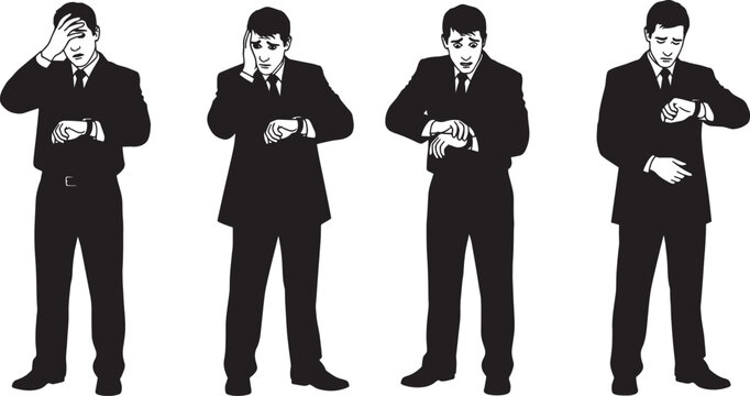 Black Solid Anxious Business Man Silhouettes Set of Six on White Background