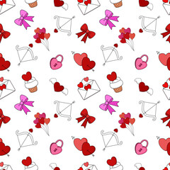 Seamless Valentine&rsquo;s Day pattern featuring cute hand-drawn love elements such as hearts, bows, cupid arrows, envelopes, balloons, cupcakes, and romantic icons.