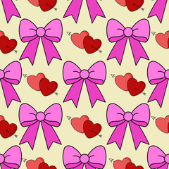 Seamless Valentine&rsquo;s Day pattern featuring cute pink bows and red heart shapes with arrows on a soft pastel background.