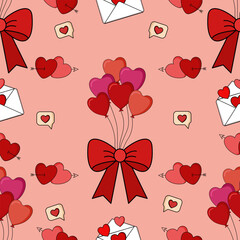 Seamless Valentine&rsquo;s Day pattern featuring cute heart balloons, red bows, love letters, arrows, and speech bubbles on a soft pink background.
