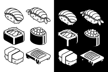 Nigiri, shrimp sushi, maki roll, gunkan, tamago icon set. Sushi, japanese sushi, asian cuisine, elements pack. Traditional Japanese sushi tools illustration. © Jovi MIng