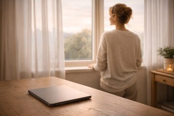 Woman Sitting at Window in Minimal Home Interior