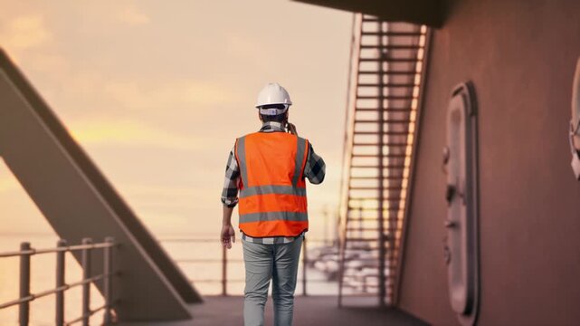 Back of Asian Male Engineer Talking On Smartphone While Walking at the Deck of a Large LNG Tanker or Offshore Energy Platform at Sunset