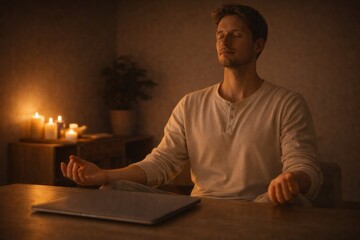 Man Meditating at Desk with Candle Light