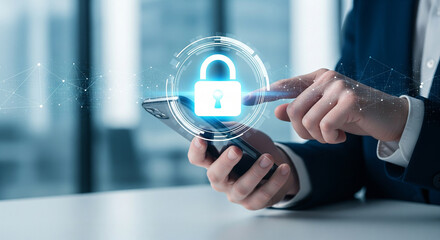 Business professional uses smartphone with glowing digital padlock icon for secure data protection.