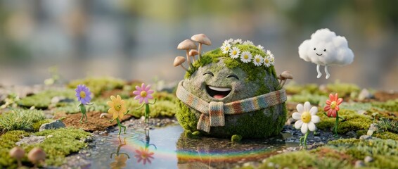 Obraz premium Joyful nature scene featuring a happy stone character surrounded by colorful flowers and mushrooms set in a serene environment with rainbow reflection