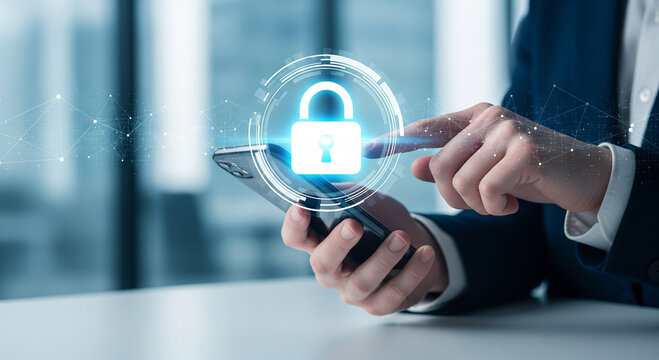 Business professional uses smartphone with glowing digital padlock icon for secure data protection. - Powered by Adobe