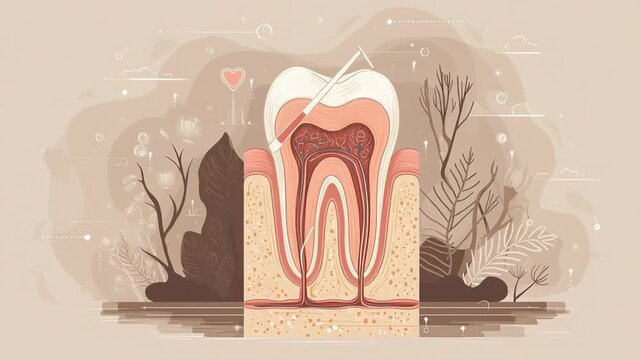 Endodontic dental treatment illustration, tooth cross section showing root canal care, minimal medical design, neutral color palette, uncluttered background, commercial healthcare visual