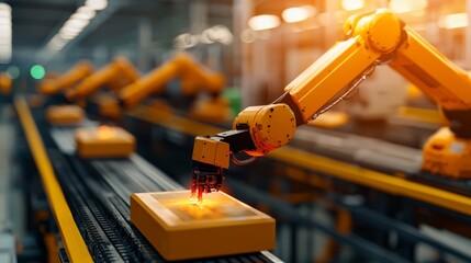 Fototapeta premium Automated manufacturing process industrial factory digital technology controlled environment close-up viewpoint innovation in robotics