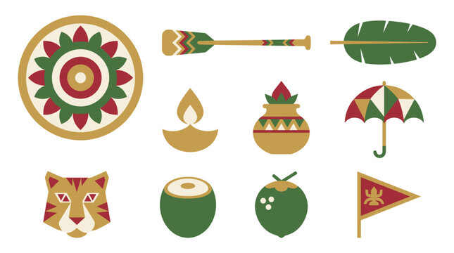 Flat style Onam vector icons set with Pulikali tiger mask pookalam flower and boat oar for Kerala harvest festival celebration decoration and greeting cards.