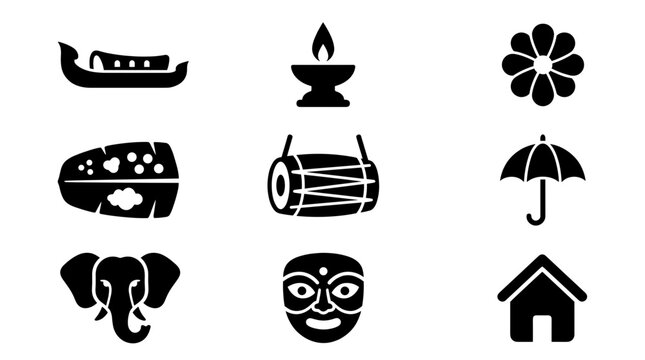 Black silhouette Onam vector glyph icons collection depicting elephant kathakali boat and traditional elements for Indian harvest festival Kerala graphic design projects.
