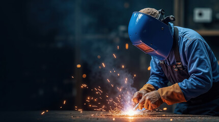 A man wearing a blue welding helmet and protective clothing works on metal, creating sparks in a workshop environment.