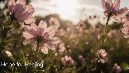 Hope for Healing - A Field of Pink Cosmos Flowers in Sunlight.