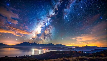 Obraz premium Stunning Milky Way Galaxy Night Sky Over Mountain Lake with Vibrant Aurora Colors
