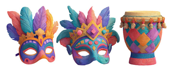 Fototapeta premium Colorful Festival Decorations with Bold Masks and Drum for Artistic Illustration