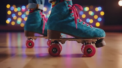 Close-up of vibrant teal roller skates with pink laces on a wooden rink floor, surrounded by colorful bokeh lights.
