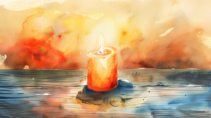 flat watercolor illustration candle on wooden table