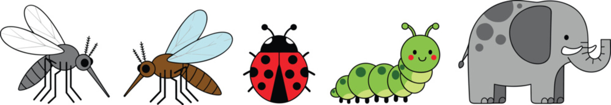 Cute cartoon insect and animal characters vector illustration set with mosquito, fly, ladybug, caterpillar, and elephant