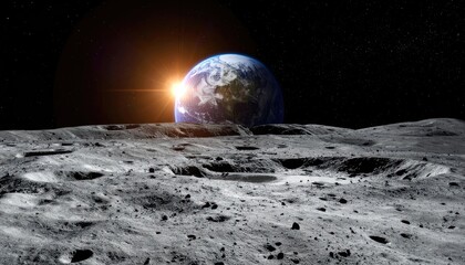 Earthrise viewed from the heavily cratered surface of the Moon under a starry black sky.