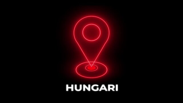 Neon red location pin icon above the word HUNGARI on a black background.Place search and direction icon. Modern Kingston country map marker design.