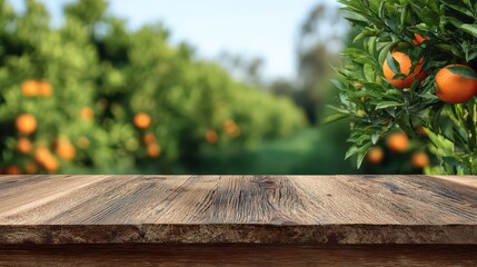Orange Orchard with Ripe Fruits and Wooden Table in Foreground Beautiful Blur Focus Background in Warm Light Seasonal Food Concept with Vibrant Colors