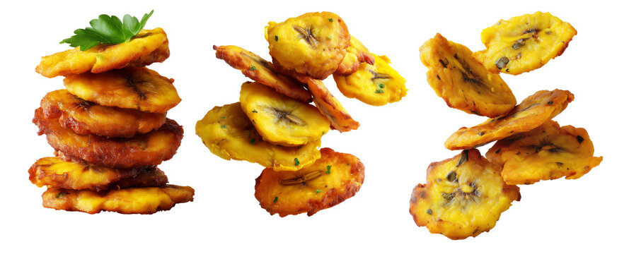 Colombia Patacones fried green plantains slices stacked in mid-air, isolated on white background