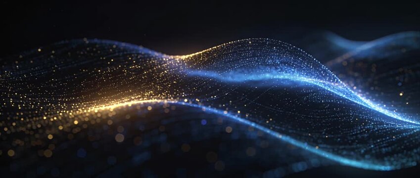 Abstract wave blue light golden light particle flow data stream digital wave smooth motion technology background futuristic line glowing curve with blue wave golden wave data flow light trail digital