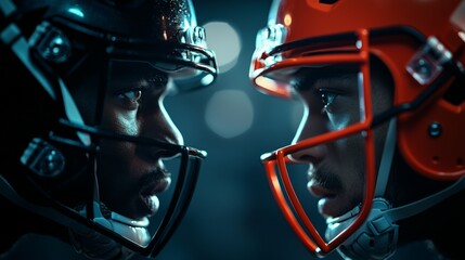 Intense showdown between two rival football players stadium sports photography nighttime close-up competitive spirit