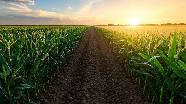 Sunset over cornfields agricultural landscape rural area nature photography early evening expansive view serenity and growth