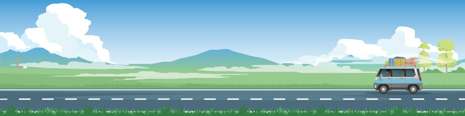 Vector illustration of travels van car with luggage on the roof rack and driving man for banner. Asphalt road near the meadow with wisps of mist and mountain under clear sky. Copy Space Flat Vector.