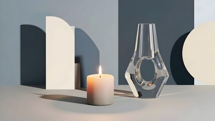 Aesthetic Glass Bottle and Burning Candle on Clean Isolated Background for Spa and Wellness Concept