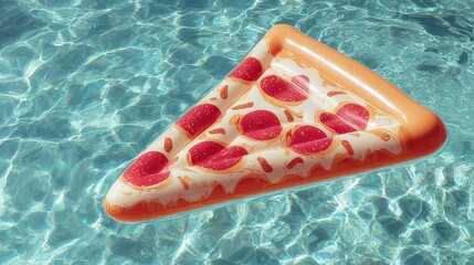 Pizza Slice Shaped Inflatable Floating in a Blue Tiled Swimming Pool with Clear Water Ripple Texture Under Bright Sunlight