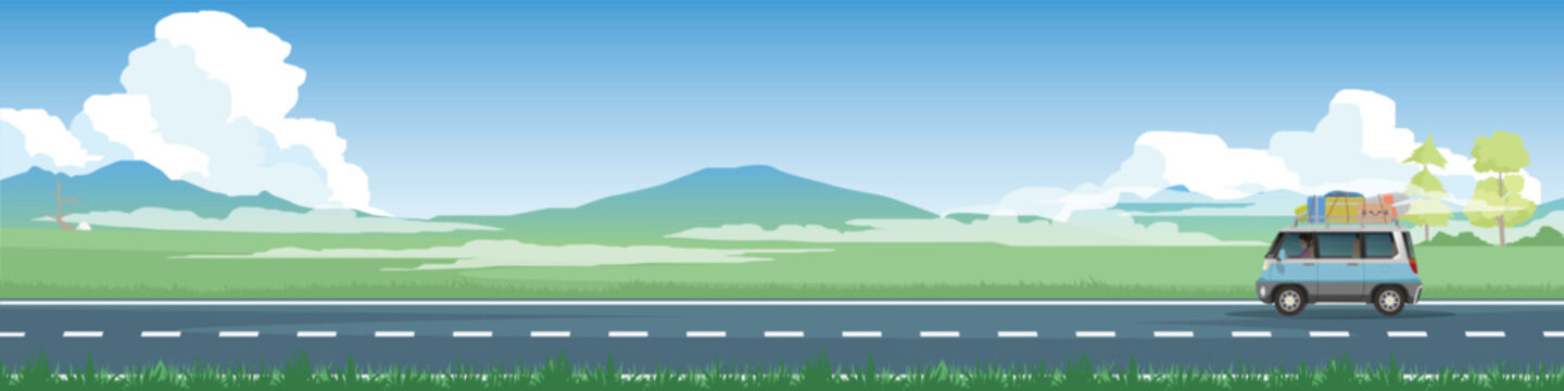 Vector illustration of travels van car with luggage on the roof rack and driving man for banner. Asphalt road near the meadow with wisps of mist and mountain under clear sky. Copy Space Flat Vector.