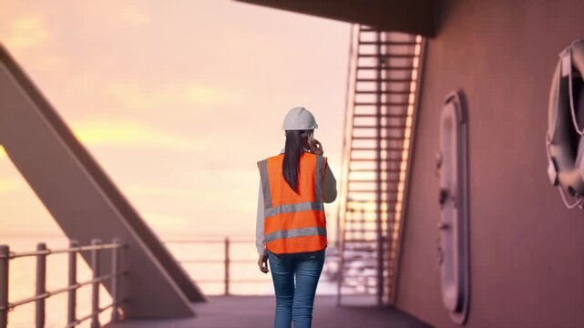 Back of Asian Female Engineer Talking On Smartphone While Walking at the Deck of a Large LNG Tanker or Offshore Energy Platform at Sunset