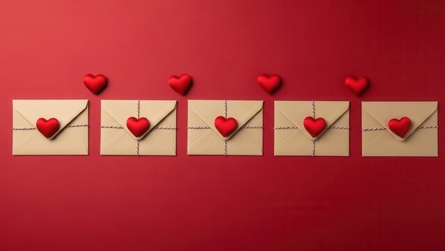 Five kraft paper envelopes with red hearts tied with twine letter mail