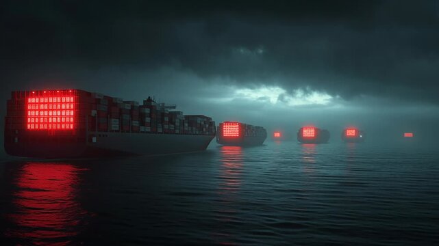 Energy embargo on oil resources, container ships halted with symbolic red stop signals, dramatic but restrained lighting, commercial news article visual