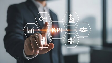 Businessman touching K P I performance indicators with icons for strategy and growth key performance indicator