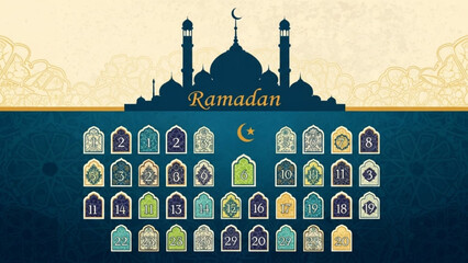 Ramadan advent calendar with Islamic mosque silhouette and numbered days traditional cultural design for religious celebration isolated on patte