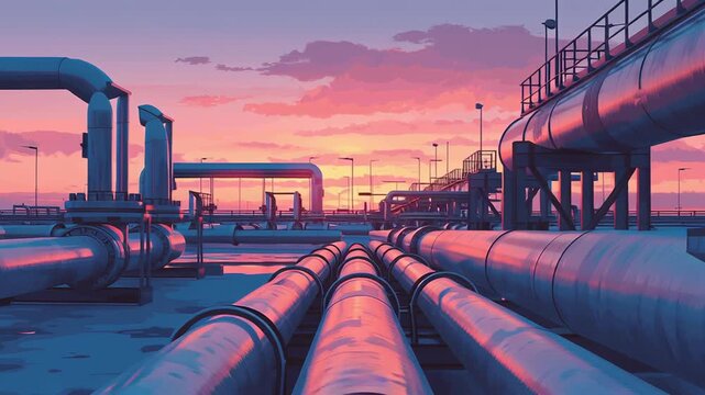 Energy export control concept, oil pipelines ending at closed gates, modern abstract design, calm yet constrained atmosphere, commercial editorial artwork, oil export restrictions